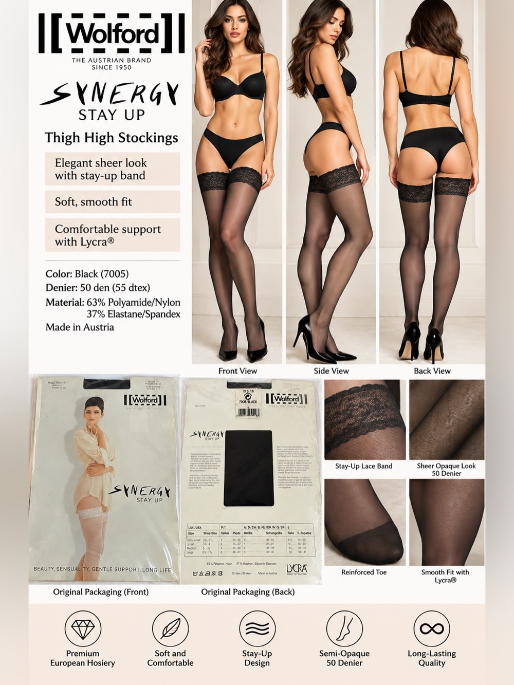 Wolford Synergy Stay Up Thigh High Stockings Black 55/50 Den Lycra Vintage NOS